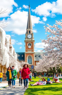 A vibrant university campus scene showcasing a contrast of winter and summer vibes