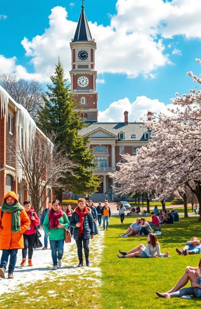 A vibrant university campus scene showcasing a contrast of winter and summer vibes