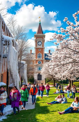 A vibrant university campus scene showcasing a contrast of winter and summer vibes