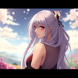An artistic portrayal of an elegant anime-style woman with an alluring pose