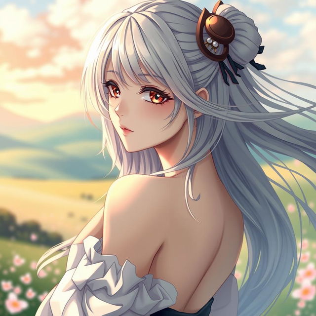 An artistic portrayal of an elegant anime-style woman with an alluring pose