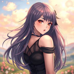 An artistic portrayal of an elegant anime-style woman with an alluring pose