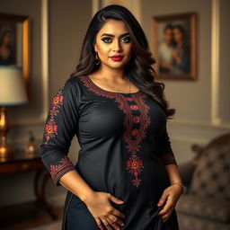 A stunning, voluptuous woman wearing a beautifully embroidered churidar kurta paired with stylish leggings, exuding confidence and allure
