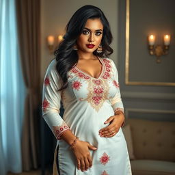 A stunning, voluptuous woman wearing a beautifully embroidered churidar kurta paired with stylish leggings, exuding confidence and allure