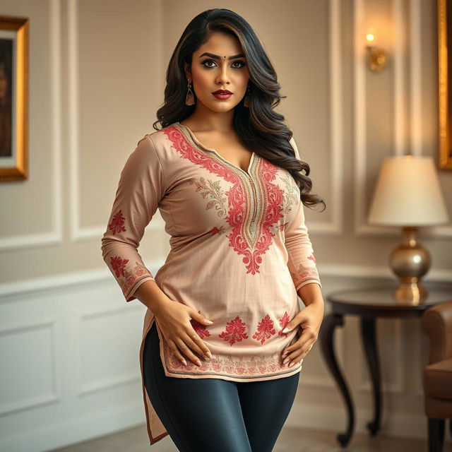 A stunning, voluptuous woman wearing a beautifully embroidered churidar kurta paired with stylish leggings, exuding confidence and allure