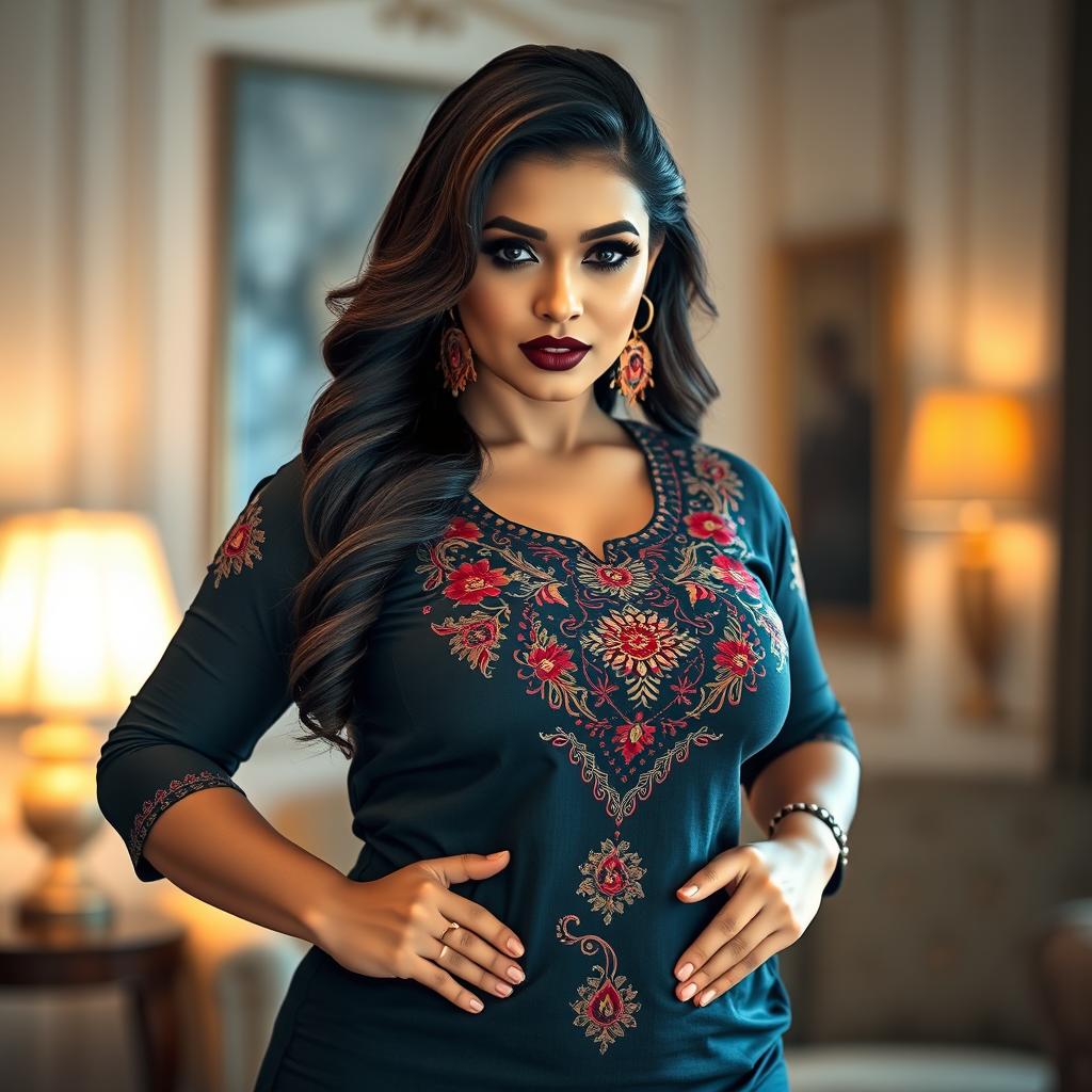 A stunning, voluptuous woman wearing a beautifully embroidered churidar kurta paired with stylish leggings, exuding confidence and allure