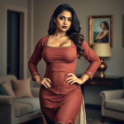 A striking, dominant mistress in a tightly hugging churidar kurta combined with fashionable leggings