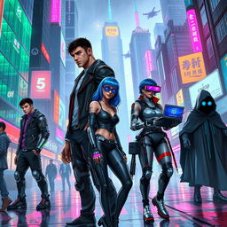 A futuristic cyberpunk cityscape featuring diverse characters: a tall, muscular man with a cybernetic arm, wearing a leather jacket and glowing tattoos; a woman with neon blue hair and augmented reality glasses, dressed in a sleek, high-tech outfit; a street vendor with robotic enhancements selling virtual gadgets; a mysterious figure in a cloak with a digital mask, standing in the shadows