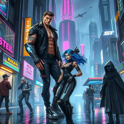 A futuristic cyberpunk cityscape featuring diverse characters: a tall, muscular man with a cybernetic arm, wearing a leather jacket and glowing tattoos; a woman with neon blue hair and augmented reality glasses, dressed in a sleek, high-tech outfit; a street vendor with robotic enhancements selling virtual gadgets; a mysterious figure in a cloak with a digital mask, standing in the shadows