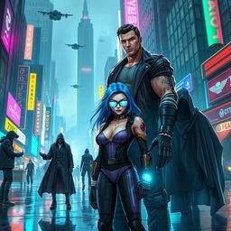 A futuristic cyberpunk cityscape featuring diverse characters: a tall, muscular man with a cybernetic arm, wearing a leather jacket and glowing tattoos; a woman with neon blue hair and augmented reality glasses, dressed in a sleek, high-tech outfit; a street vendor with robotic enhancements selling virtual gadgets; a mysterious figure in a cloak with a digital mask, standing in the shadows