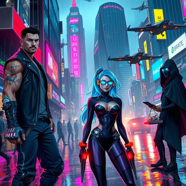 A futuristic cyberpunk cityscape featuring diverse characters: a tall, muscular man with a cybernetic arm, wearing a leather jacket and glowing tattoos; a woman with neon blue hair and augmented reality glasses, dressed in a sleek, high-tech outfit; a street vendor with robotic enhancements selling virtual gadgets; a mysterious figure in a cloak with a digital mask, standing in the shadows