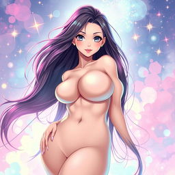 An artistic depiction of a voluptuous anime-style woman with flowing long hair, featuring prominent curves and an alluring pose