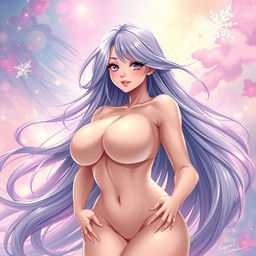 An artistic depiction of a voluptuous anime-style woman with flowing long hair, featuring prominent curves and an alluring pose