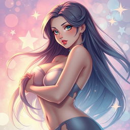 An artistic depiction of a voluptuous anime-style woman with flowing long hair, featuring prominent curves and an alluring pose