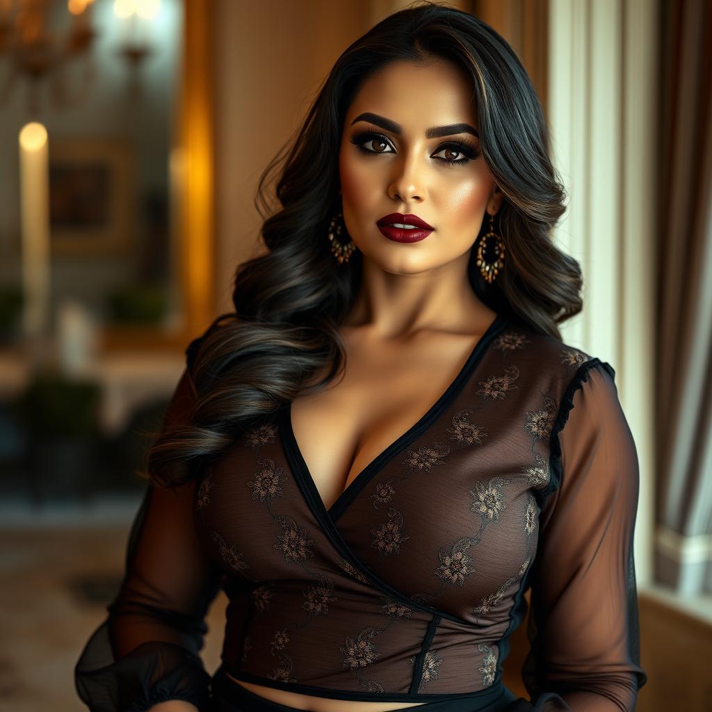 A striking, dominant mistress wearing a sexy, tightly hugging desi blouse that accentuates her voluptuous figure and big bust