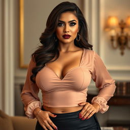 A striking, dominant mistress wearing a sexy, tightly hugging desi blouse that accentuates her voluptuous figure and big bust