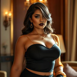 A striking, dominant mistress wearing a sexy, tightly hugging desi blouse that accentuates her voluptuous figure and big bust