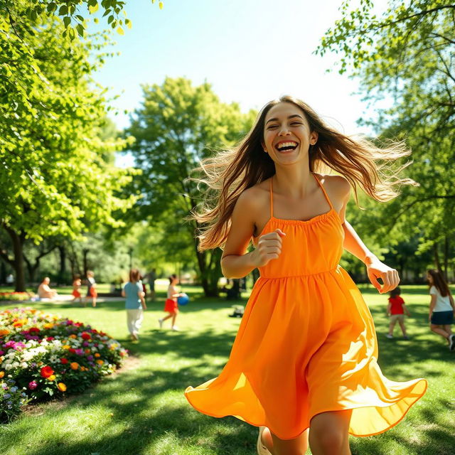 A joyful woman playing in a sunny park, surrounded by vibrant green trees and colorful flowers