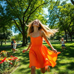 A joyful woman playing in a sunny park, surrounded by vibrant green trees and colorful flowers