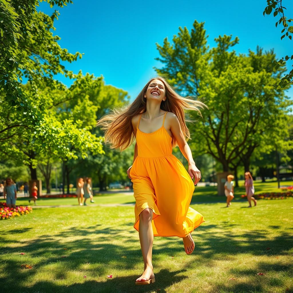 A joyful woman playing in a sunny park, surrounded by vibrant green trees and colorful flowers