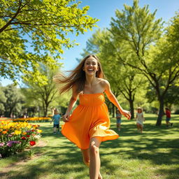 A joyful woman playing in a sunny park, surrounded by vibrant green trees and colorful flowers