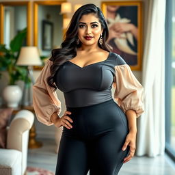 A striking and confident desi woman dressed in a form-fitting aunty blouse paired with stylish leggings that accentuate her curvy physique and wide hips