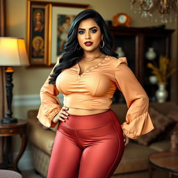 A striking and confident desi woman dressed in a form-fitting aunty blouse paired with stylish leggings that accentuate her curvy physique and wide hips
