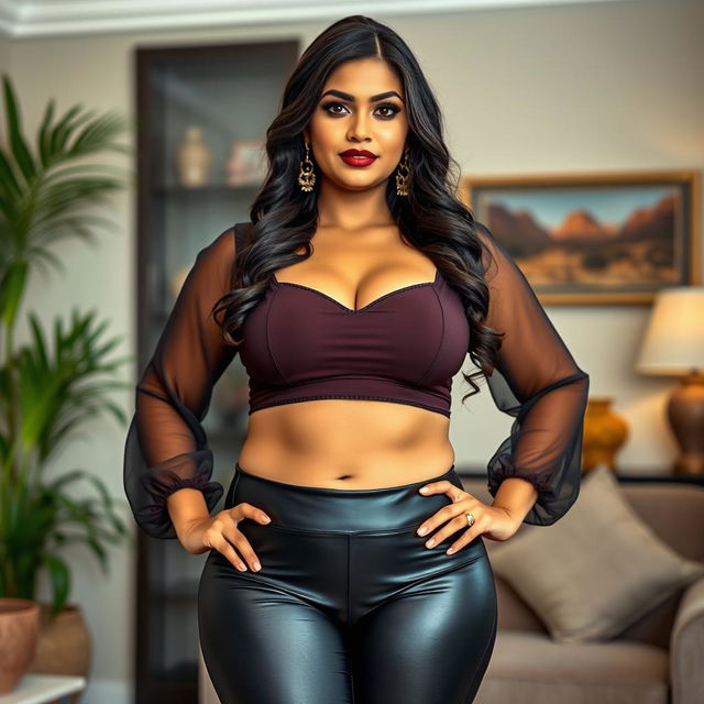 A striking and confident desi woman dressed in a form-fitting aunty blouse paired with stylish leggings that accentuate her curvy physique and wide hips