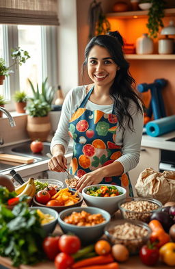 An Iranian midwifery student in a cozy kitchen, wearing a colorful apron, preparing a variety of healthy dishes