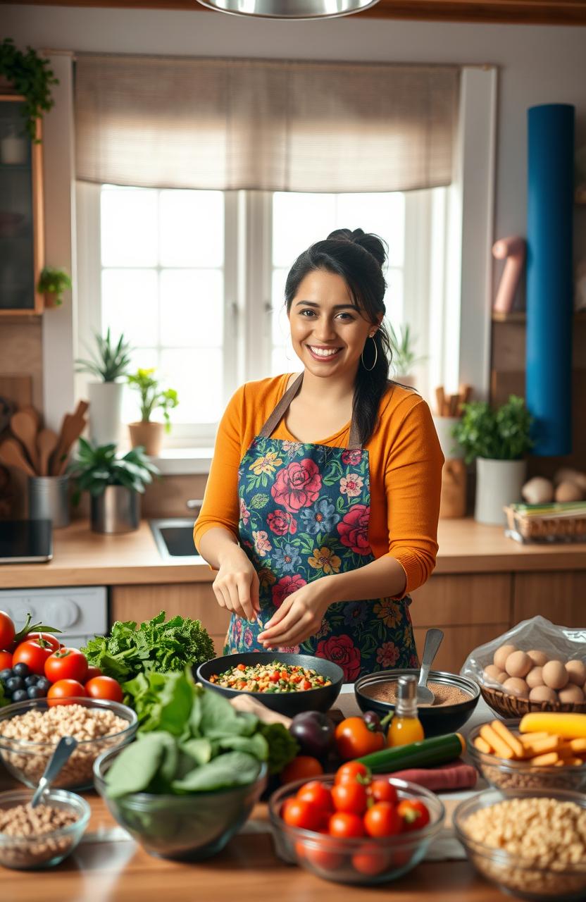 An Iranian midwifery student in a cozy kitchen, wearing a colorful apron, preparing a variety of healthy dishes