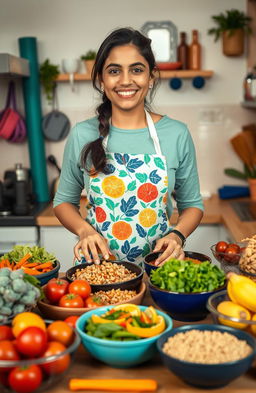 An Iranian midwifery student in a cozy kitchen, wearing a colorful apron, preparing a variety of healthy dishes