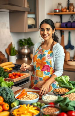 An Iranian midwifery student in a cozy kitchen, wearing a colorful apron, preparing a variety of healthy dishes