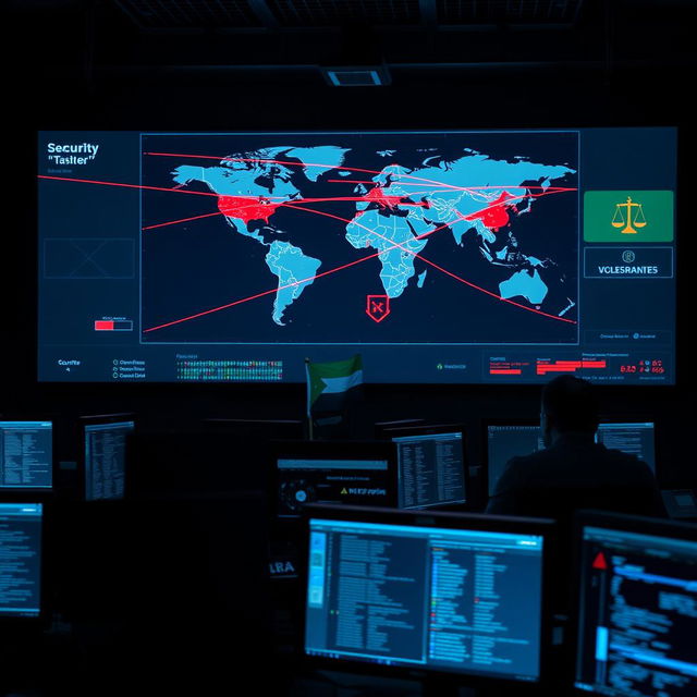 A dynamic scene of a cyber attack: a large computer screen in a dark security operations center displaying a world map with intersecting lines representing active cyber attacks between countries