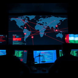 A dynamic scene of a cyber attack: a large computer screen in a dark security operations center displaying a world map with intersecting lines representing active cyber attacks between countries