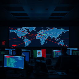 A dynamic scene of a cyber attack: a large computer screen in a dark security operations center displaying a world map with intersecting lines representing active cyber attacks between countries