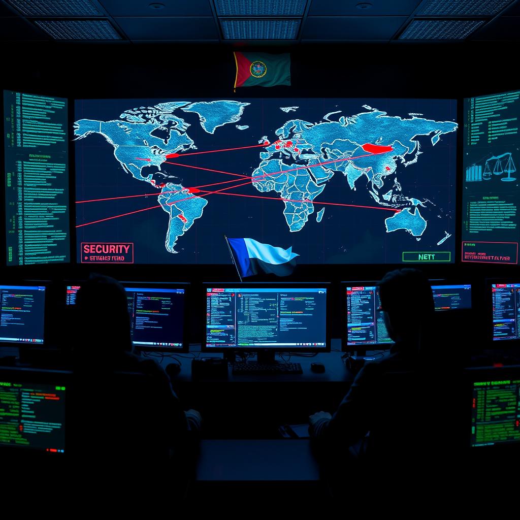 A dynamic scene of a cyber attack: a large computer screen in a dark security operations center displaying a world map with intersecting lines representing active cyber attacks between countries