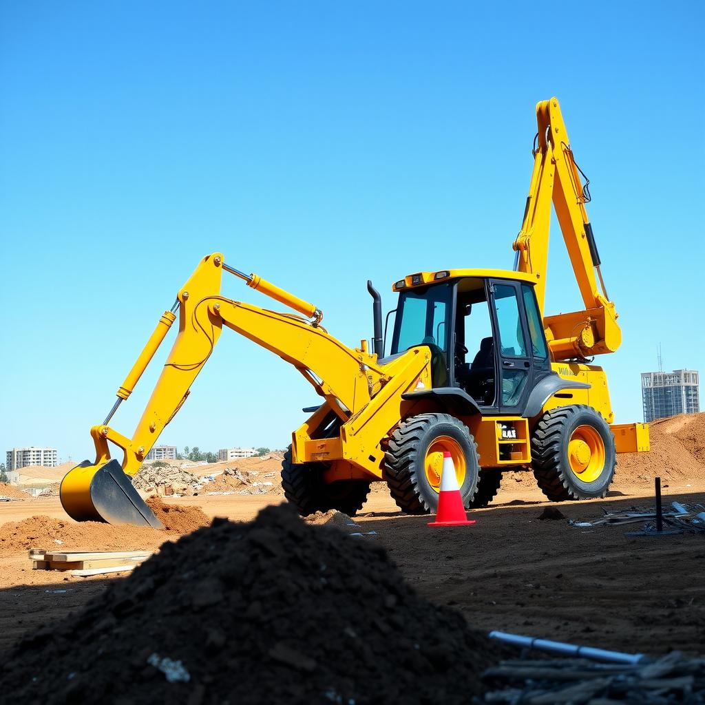 A bright yellow backhoe loader in an open construction site, with a clear blue sky in the background