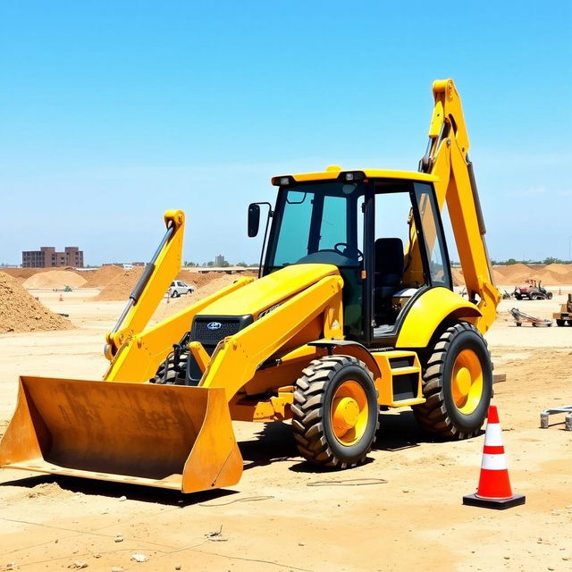 A bright yellow backhoe loader in an open construction site, with a clear blue sky in the background