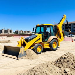 A bright yellow backhoe loader in an open construction site, with a clear blue sky in the background