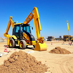A bright yellow backhoe loader in an open construction site, with a clear blue sky in the background