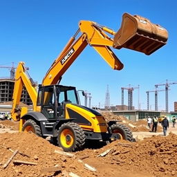 A bright yellow JCB backhoe excavator on a bustling construction site, surrounded by piles of earth and scattered tools