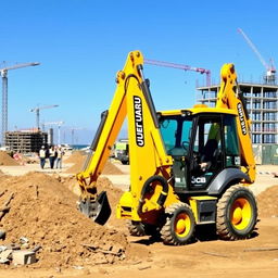 A bright yellow JCB backhoe excavator on a bustling construction site, surrounded by piles of earth and scattered tools