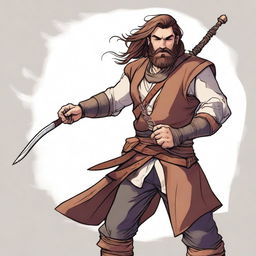 A high-quality illustration of a crazy, vagrant Dungeons & Dragons bard character who is also a fighter