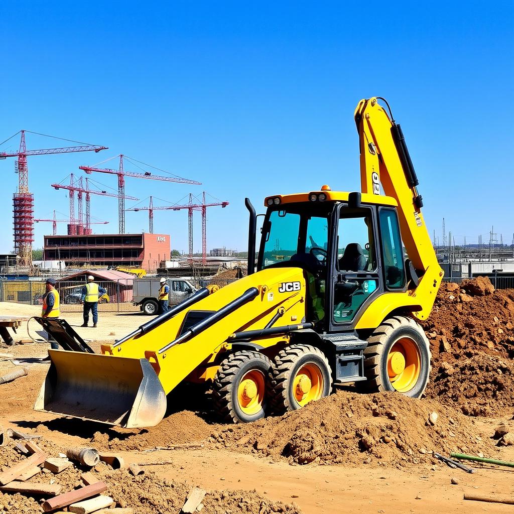 A bright yellow JCB backhoe excavator on a bustling construction site, surrounded by piles of earth and scattered tools