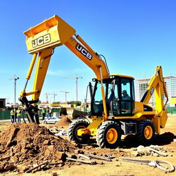 A bright yellow JCB backhoe excavator on a bustling construction site, surrounded by piles of earth and scattered tools