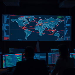 A dynamic scene of a cyber attack: a large computer screen in a dark security operations center displaying a world map with intersecting lines representing active cyber attacks between countries
