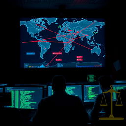 A dynamic scene of a cyber attack: a large computer screen in a dark security operations center displaying a world map with intersecting lines representing active cyber attacks between countries