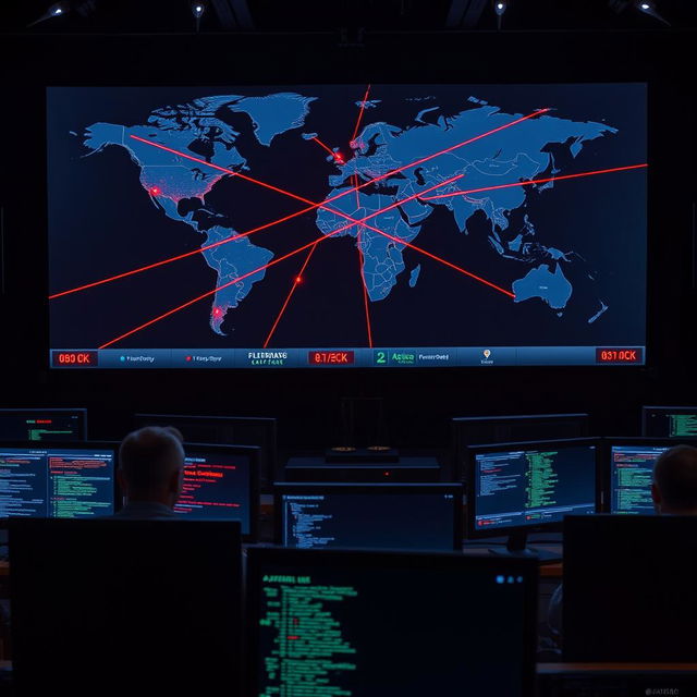 A dynamic scene of a cyber attack: a large computer screen in a dark security operations center displaying a world map with intersecting lines representing active cyber attacks between countries