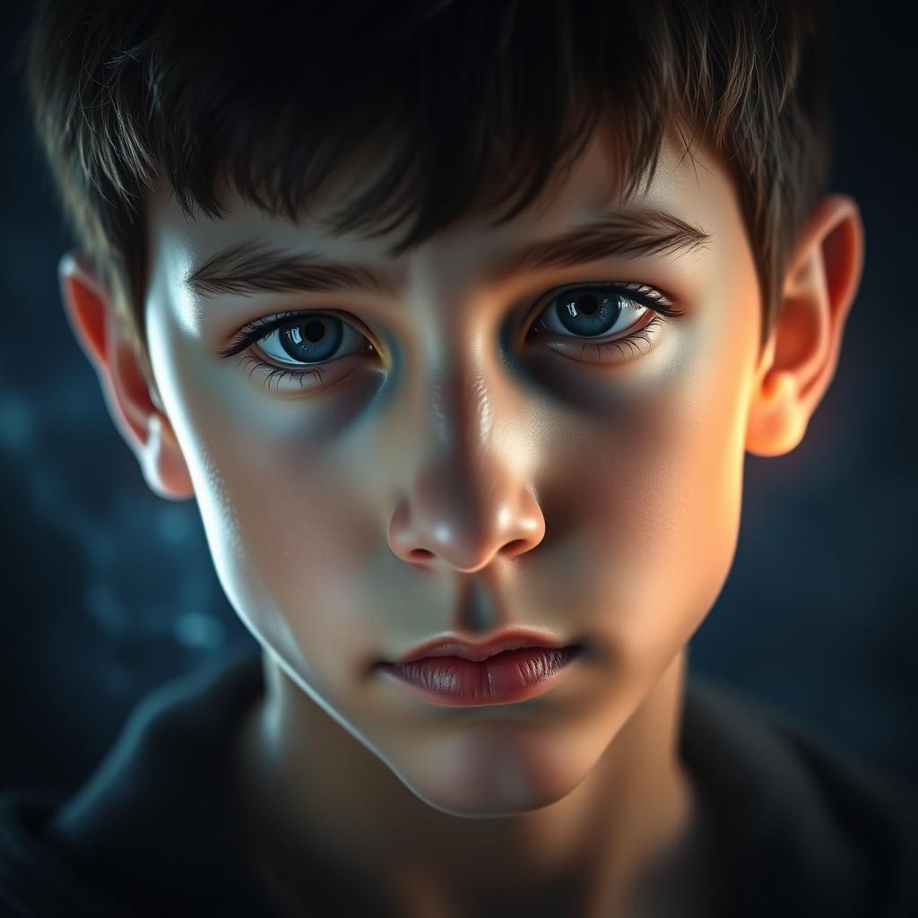 A close-up of a boy's face with a subtle, glowing aura surrounding him, conveying a sense of luck and positivity, set against a dark blue and grey background to enhance the mysterious ambiance