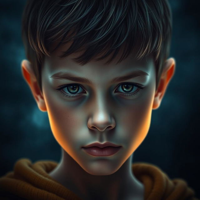 A close-up of a boy's face with a subtle, glowing aura surrounding him, conveying a sense of luck and positivity, set against a dark blue and grey background to enhance the mysterious ambiance